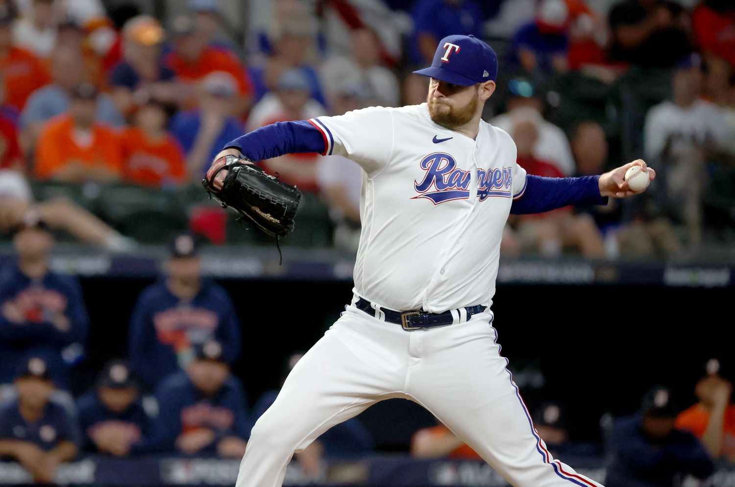 Oct 20, 2023; Arlington, Texas, USA; Texas Rangers pitcher Jordan Montgomery (52) throws during the third inning of game five in the ALCS against the Houston Astros for the 2023 MLB playoffs at Globe Life Field. Mandatory Credit: Kevin Jairaj-USA TODAY Sports